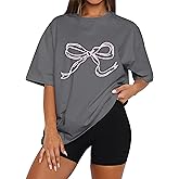 Ardrem Women Oversized Bow T Shirts Short Sleeve Crewneck Graphic Tee Shirts Cute Bow Shirts Casual Basic Aesthetic Tee Tops