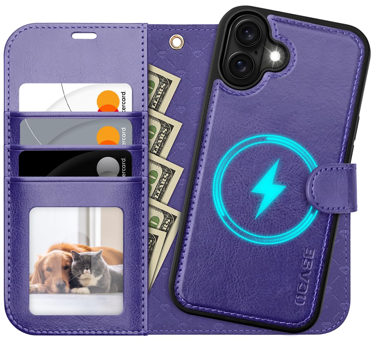OCASE for iPhone 16 Case, Detachable 2 in 1 PU Leather Wallet Case with RFID Blocking, Wireless Charging, Card Holders, Kickstand, Shockproof Removable Phone Cover, Purple