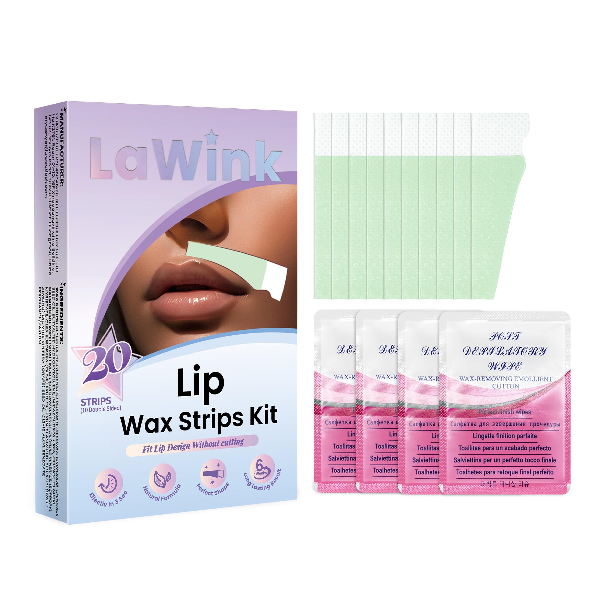 LaWink Lip upper Wax Strips Kit Facial Wax Strips Mouth hair removal 20pcs 4 Calming Oil Wipes eyebrow waxing wax Depilatory tape for eyebrows Facial (Lip)