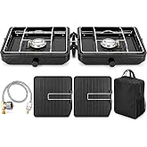 Uniflasy 2 Burner Camping Stove Propane with 2 Griddles, 20000 BTU Propane Camp Stove Kit, Portable Outdoor Gas Stove Camping Cookware Includes Carry Bag, Black