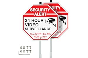 Faittoo Security Sign Video Surveillance Sign with 36" Stake for Outside, 2-Pack 12"x12" Rust Free Heavy Aluminum, Reflective, Fade Resistant, 2 pre-drilled holes, Includes Matching Screws & Wrench,