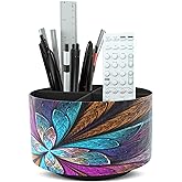 Hennaja Round Leather Art Supply Organizer,Remote Control Holder,360 Degree Rotating,Multi-Functional Pencil Holder,4 Compartments Desktop Stationary Organizer(1-Fractal Flower)