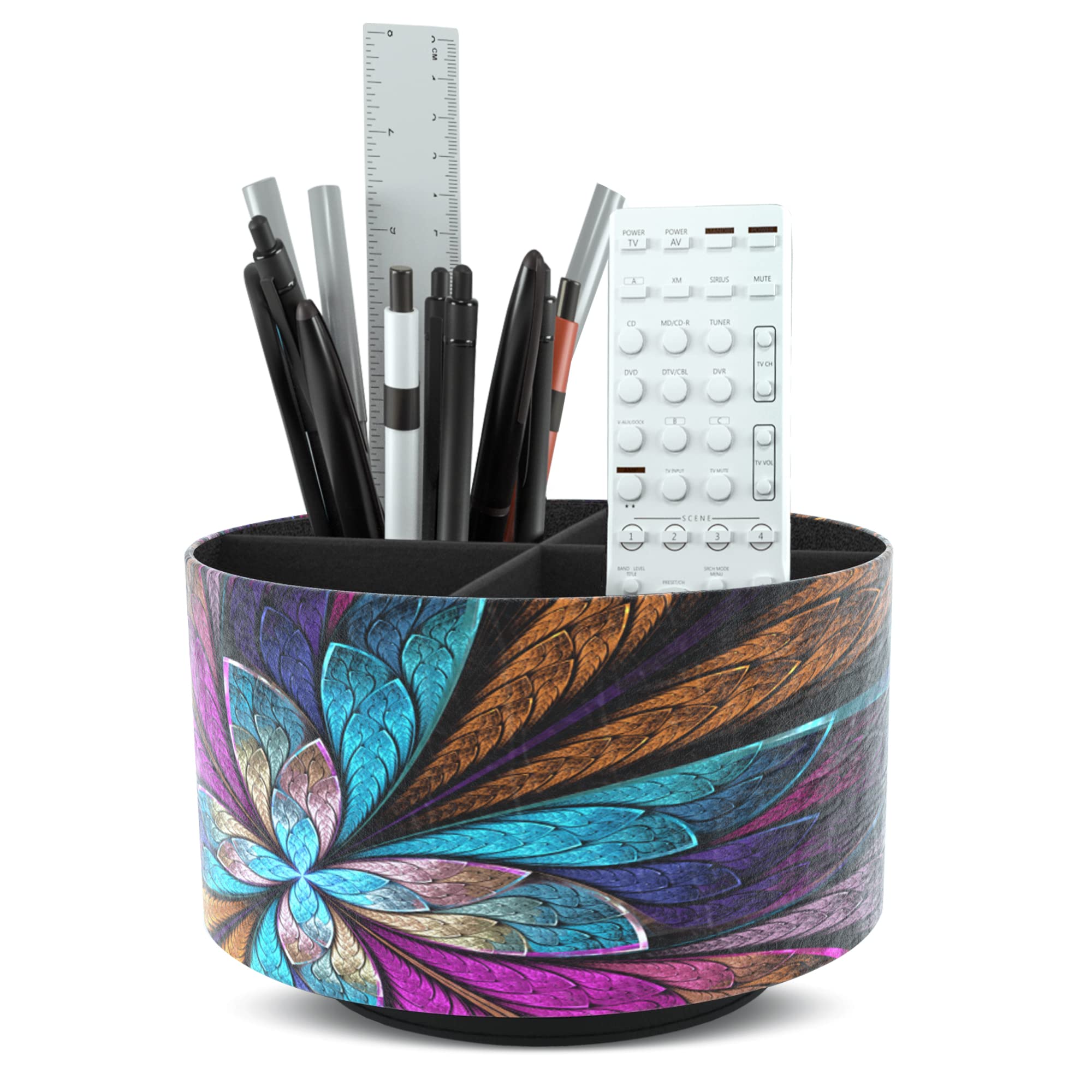 Czzmy Round Leather Art Supply Organizer,Remote Control Holder,360 Degree Spinning,Multi-Functional Pencil Holder,4 Compartments Desktop Stationary Organizer(1-Fractal Flower) — image 1