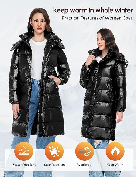 UIKUE WOMENS PUFFER COATS – LONG WINTER QUILTED JACKET FULL ZIP WINDPROOF PUFFY COAT THICK WARM OUTERWEAR HOODED PARKA WITH POCKETS(GLOSSY BLACK,S)