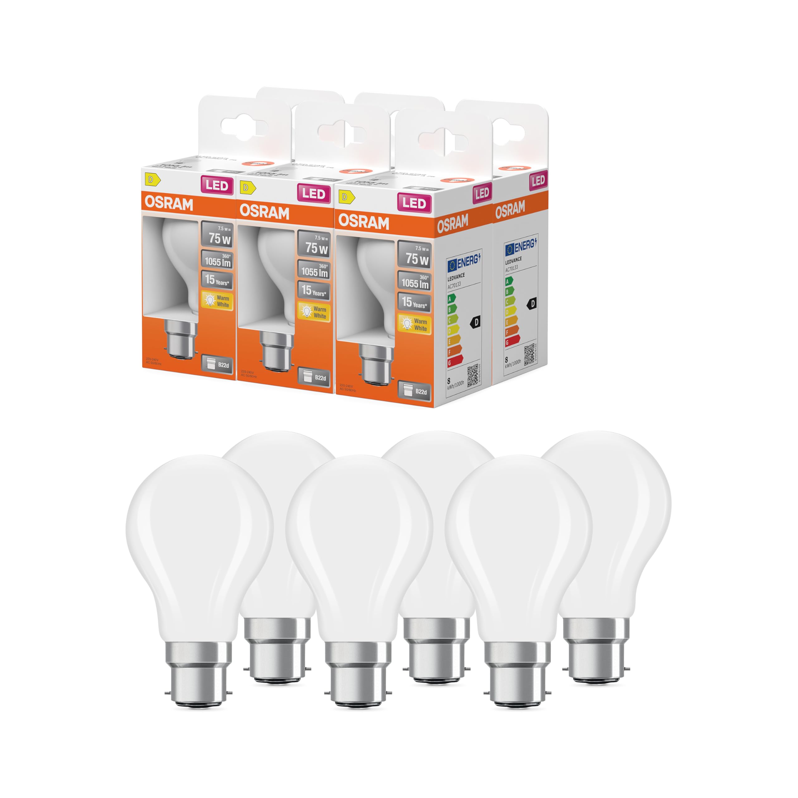 OSRAM LED Star Frosted Filament LED lamp, B22d Base, Warm White (2700K), Bulb Shape, Replacement Set for Conventional 75W Bulbs, 6-Pack