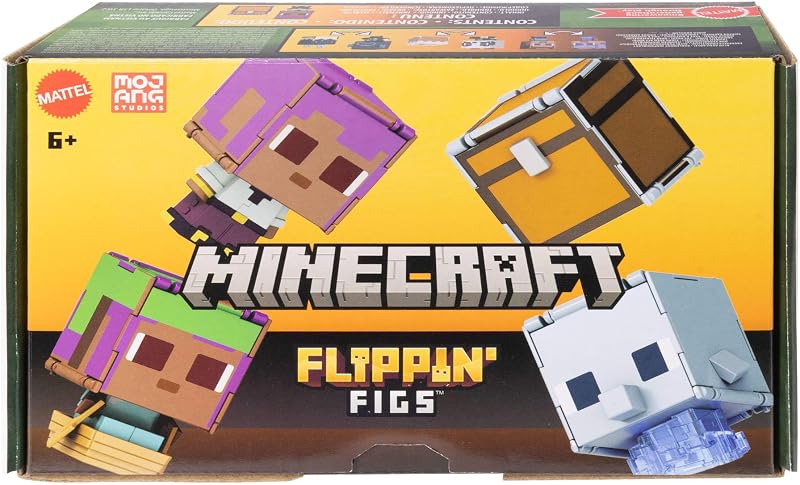 Minecraft - Flippin' Figs Delfino + Baule ed Efe + Efe in barca, set da 2 personaggi alti 9,5 cm e con teste grandi, ispirati al videogioco, giocattolo per bambini, 6+ anni, JCY31