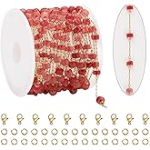 KYUNHOO 9.8 Feet Gold Plated Stainless Steel Chain for Jewelry Making Thin Paper Clip Link Roll on Bulk Strawberry Pink Beaded Jewelry Chains for Women DIY Handcrafts