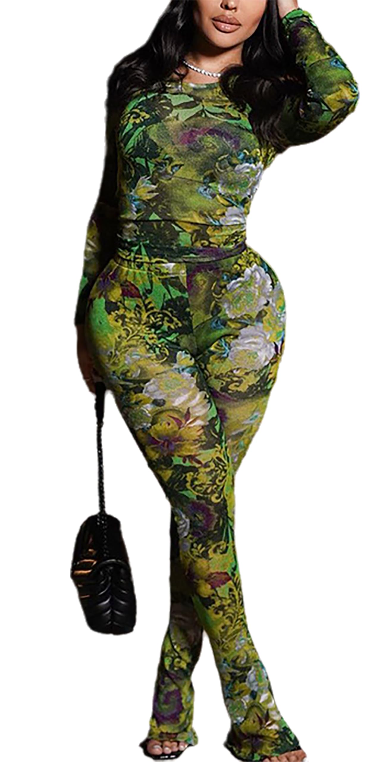 Photo 1 of acelyn Women’s Sexy Two Piece Outfits Long Sleeve Mesh Printed Bodycon Flared Pants Sets Club Going Out Birthday Outfits