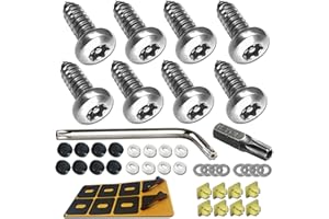 NIATHI FBJTDQ License Plate Screws Anti Theft- Tamper Proof Security Car Tag Bolts Set, Stainless Steel Mounting Hardware Kit- 1/4 Metric M6 Self-Tapping Screws Rust Proof, Insert Nuts, Black Caps, Pointed