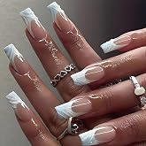 Gentle Claws Press On Nails - French 3D Wavy | French Style | White Tip Press On Nails with White Tip and 3D Wave Design | Medium Long Coffin Nails, 24 Pcs Reusable Fake Nails