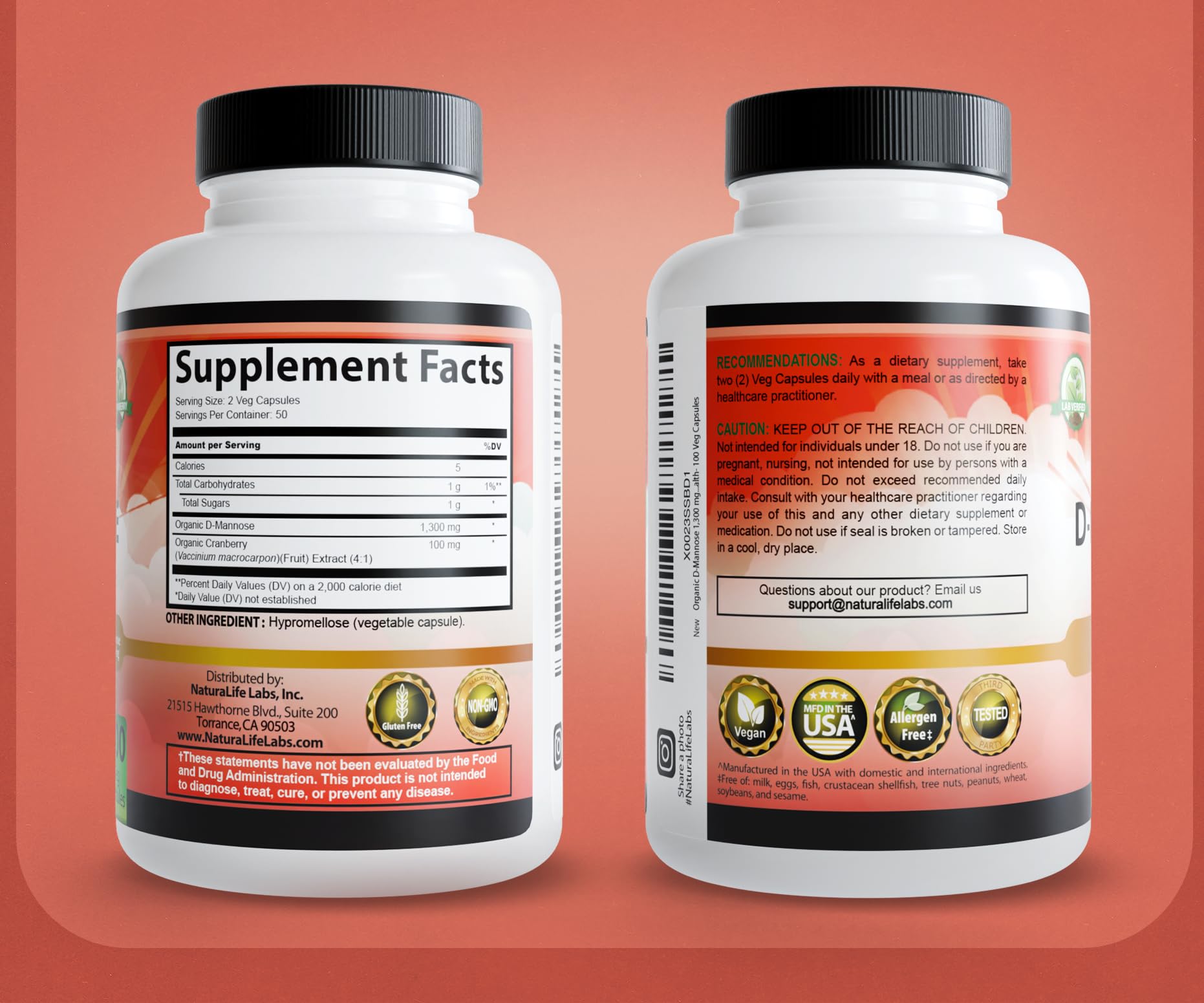 NaturaLife Labs Organic D-Mannose 1300 mg with Organic Cranberry Extract 100 mg per Serving – 100 Capsules – Non-GMO, Gluten-Free, Vegan