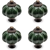 Seimneire 4pcs Dark Green Pumpkin Knobs, Vintage Ceramic Cabinet Knobs | Dresser Knobs, Drawer Knobs, Door Knobs, Drawer Pulls, Dresser Handles with Mounting Screws