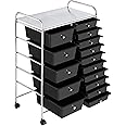 Topeakmart Utility Cart with 15 Drawers Rolling Cart Organizer Plastic Storage Drawers Craft Trolley 360 Castor Wheels Cart Black