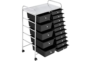Topeakmart Utility Cart with 15 Drawers Rolling Cart Organizer Plastic Storage Drawers Craft Trolley 360 Castor Wheels Cart Black