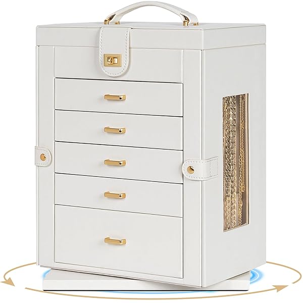 AKOZLIN JEWELRY BOX 6-TIER ORGANIZER FUNCTIONAL 360° ROTATING JEWELRY STORAGE CASE FOR WOMEN GIRLS RING NECKLACE EARRING BRACELET HOLDER WITH MIRROR