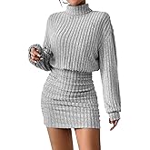 AUXDIO Women's Mock Neck Sweater Dress Fall Long Lantern Sleeve Bodycon 2026 Pullover Mini Short Dresses