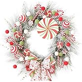 vivimemo 24-inch Christmas Wreath Handcrafted White Pine Needle Red Soft Candy Ball Bow Wreath Christmas Front Door Fireplace Corridor Decoration Winter Festival Party Wedding Office Decoration