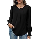 Funlingo Womens Tops Dressy Casual Smocked Long Sleeve Shirts Crew Neck Loose Chiffon Tunics Office Work Blouses