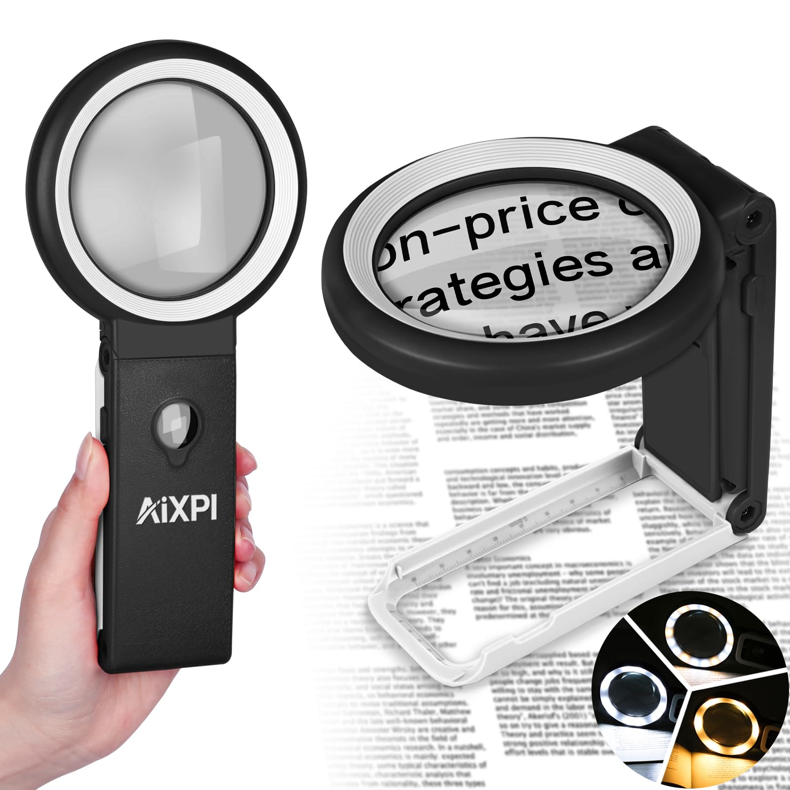 Magnifying Glass with Light and Stand, 10X Large Handheld Magnifying Glasses 18 LED Illuminated Lighted Magnifier for Macular Degeneration, Seniors Reading, hobbies, Coins, Jewelry (Black&White)