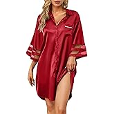 HBZDQB Women's Satin Nightgown Button Down 3/4 Sleeve Sleepwear Silk Night Gowns Nightshirt with Pocket