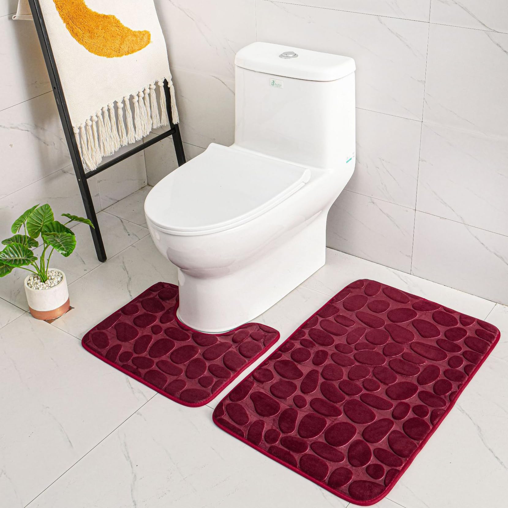 2 Piece Non Slip Pedestal Bath Mat Set, ele ELEOPTION Breathable Memory Foam Bath Mats Soft Comfortable Water Absorbent Toilet Bathroom Rug Non-Slip Pedestal Backing (Wine Red)