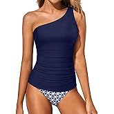 Tempt Me Two Piece Tankini Set Swimsuits for Women Tummy Control Bathing Suit One Shoulder Swimwear with Bikini Bottoms