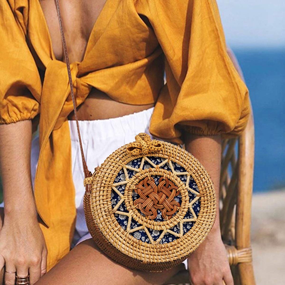 Handwoven Round Rattan Bag for Women Lefur Handmade Shoulder Straw Bag Crossbody Purse with Handles Hollow-Carved