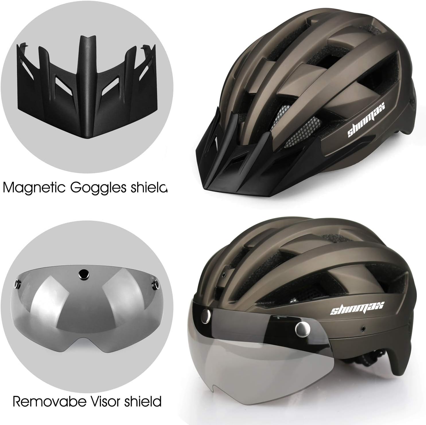 Shinmax Bike Helmet,Bicycle Helmet with USB Rechargeable LED Light CE Certified Adult Cycling Helmet Adjustable Size Detachable Visor & Removable Magnetic Goggles for Men Women Road Helmet(NR-032) - Image 4