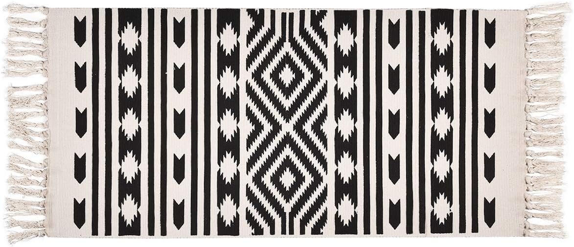 Elloevn Washable Geometric Rug, Black and White Printed with Bohemian