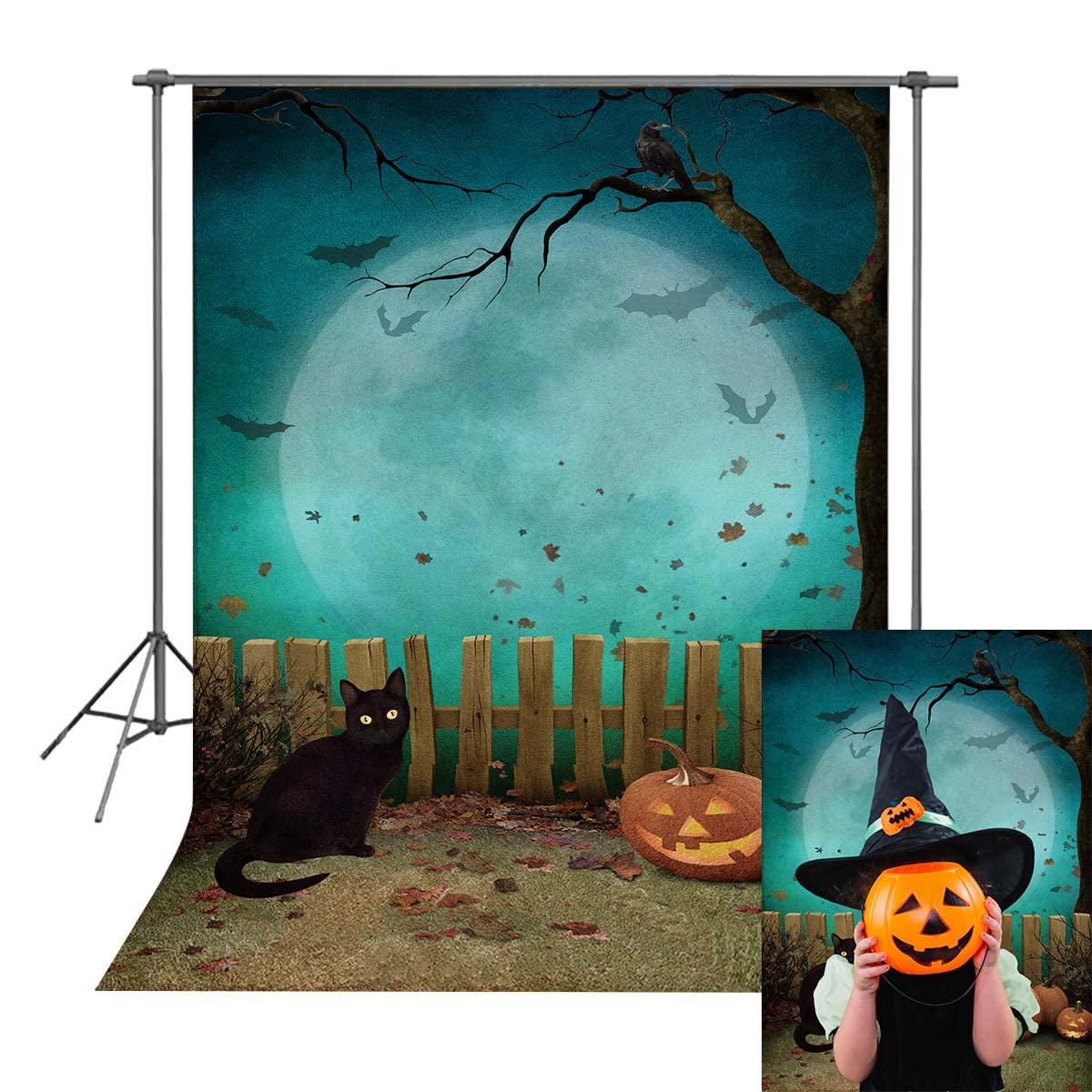 Halloween Party Backdrop Pumpkin Halloween Photography Background Moon Bat Fence Decoration Banner Kids Baby Shower Photo Booth Props (5x7FT)