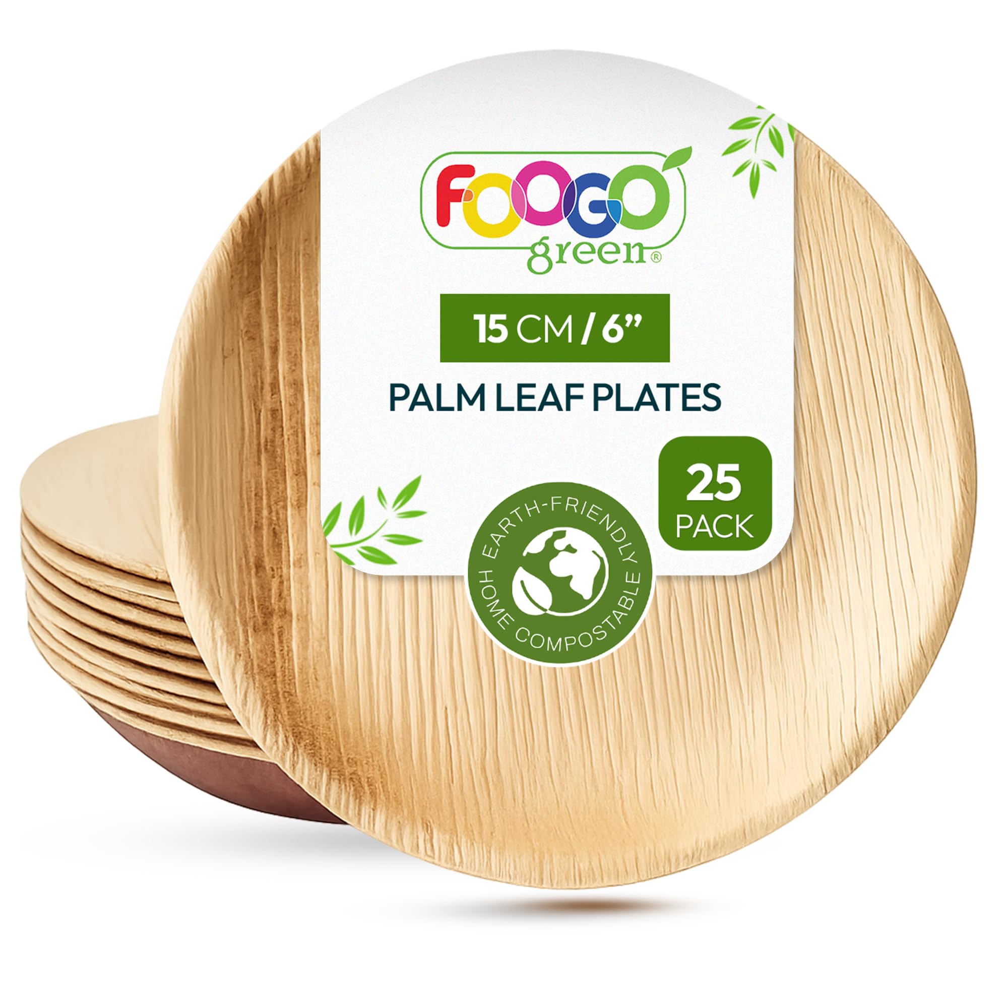 FOOGO Green 25pcs Disposable Palm Leaf Plates, 6" (15cm) Small Round, for Desserts, Eco Friendly Biodegradable Compostable Like Wooden, Bamboo, Paper Plates for Hot Food, Picnic Wedding Parties