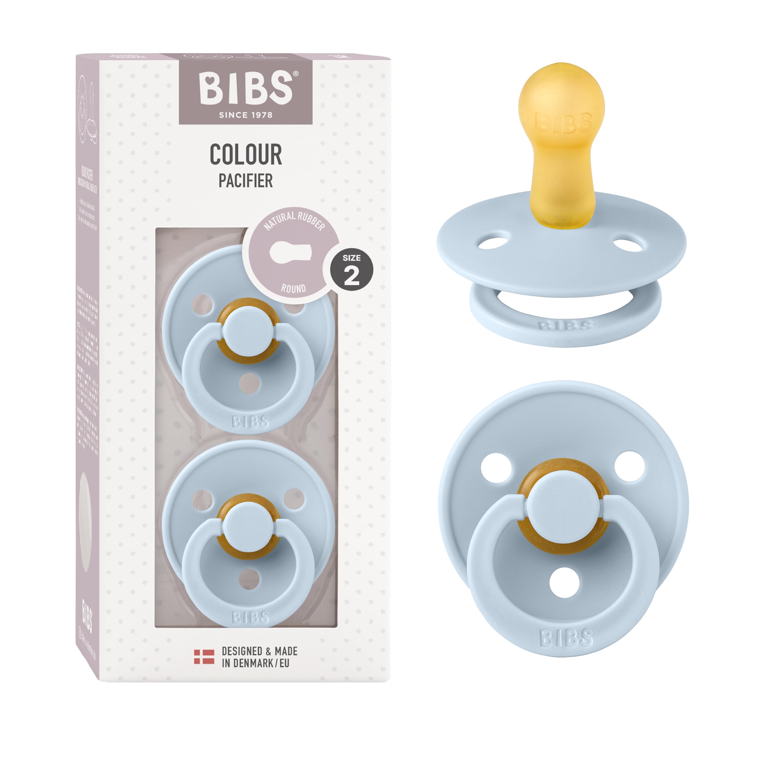 BIBS Colour Soother 2-Pack, BPA Free Dummy Pacifier, Round Nipple. Natural Rubber Latex, Made in Denmark, Size 2 (6-18 Months), Baby Blue