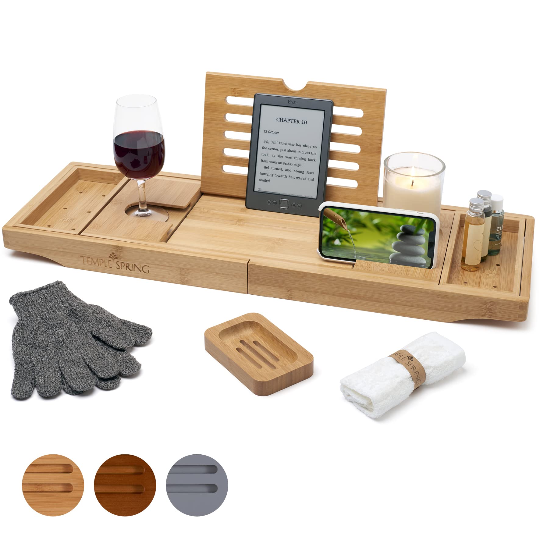 Temple Spring Wooden Bathtub Tray, Bamboo Bathroom Accessories, Bath Tray for Tub, at Home Spa Essentials, Board for Tub Table, Bath Caddy for Bathtub Accessories & Bathroom Essentials – Natural