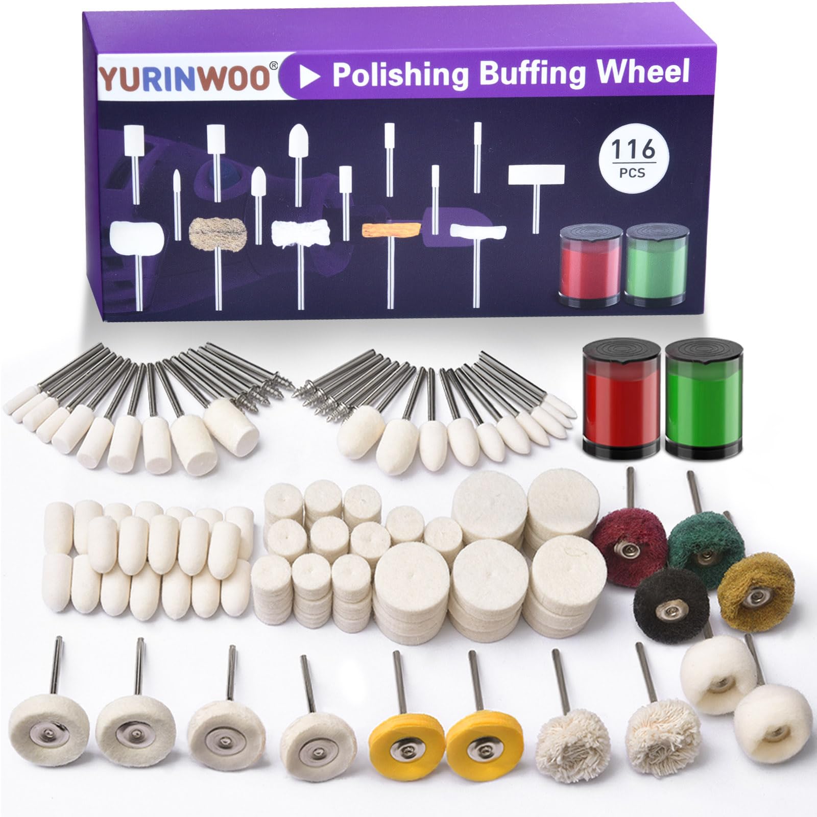 Photo 1 of 114 PCS Polishing Kit with 2Pcs Polishing Compound for Dremel, Abrasive Buffing Wheels Polishing Bits for Rotary Tool Accessories with 1/8 Inch Shank, Sanding Kit for Metal Wood Watch Jewelry Brass