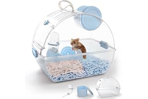 ECOCEN Small Portable Hamster Cages,13×8.2×10.8 Inch Hamster Carrier with Water Bottle,Dwarf Hamster Travel Cage with Storage Box,360º Transparent Acrylic Pet Travel Carrier,Mouse Gerbil Cage(Blue)