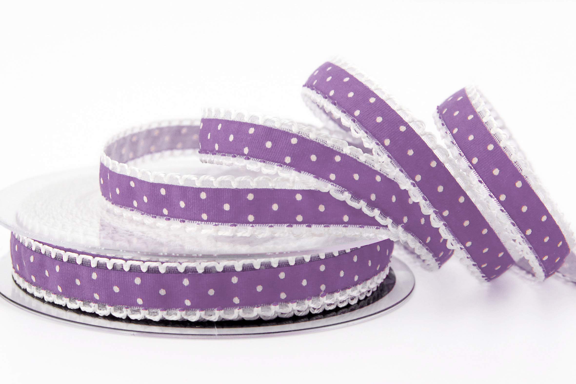 finemark 20 m x 15 mm Decorative Ribbon Emily Lavender Lilac Polka Dot with Lace on Edge Ribbon for Sewing Decoration Gift Ribbon Vintage Country House
