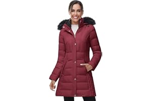 SLOW DOWN Women Winter Down Puffer Coat Warm Hooded Mid-Length Down Jacket for Women with Faux Fur Trim Hood and Pile Collar
