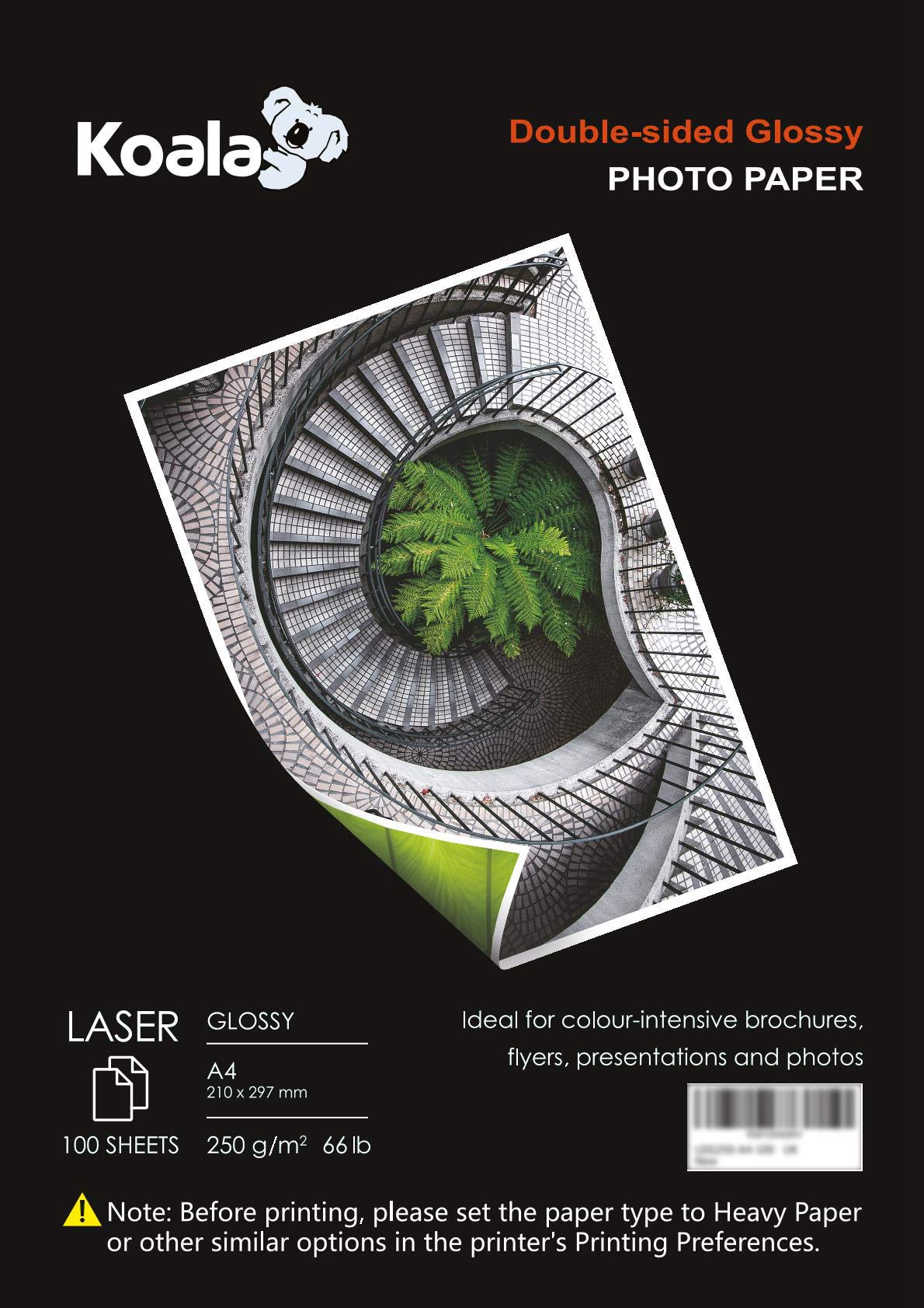 KOALA Double Sided Glossy Laser Photo Paper A4, 250gsm, 100 Sheets. Suitable for Laser Printers, for Printing Photos, Brochures, Covers, Certificates, Booklets, Flyers, Leaflets, Cards, Calendars