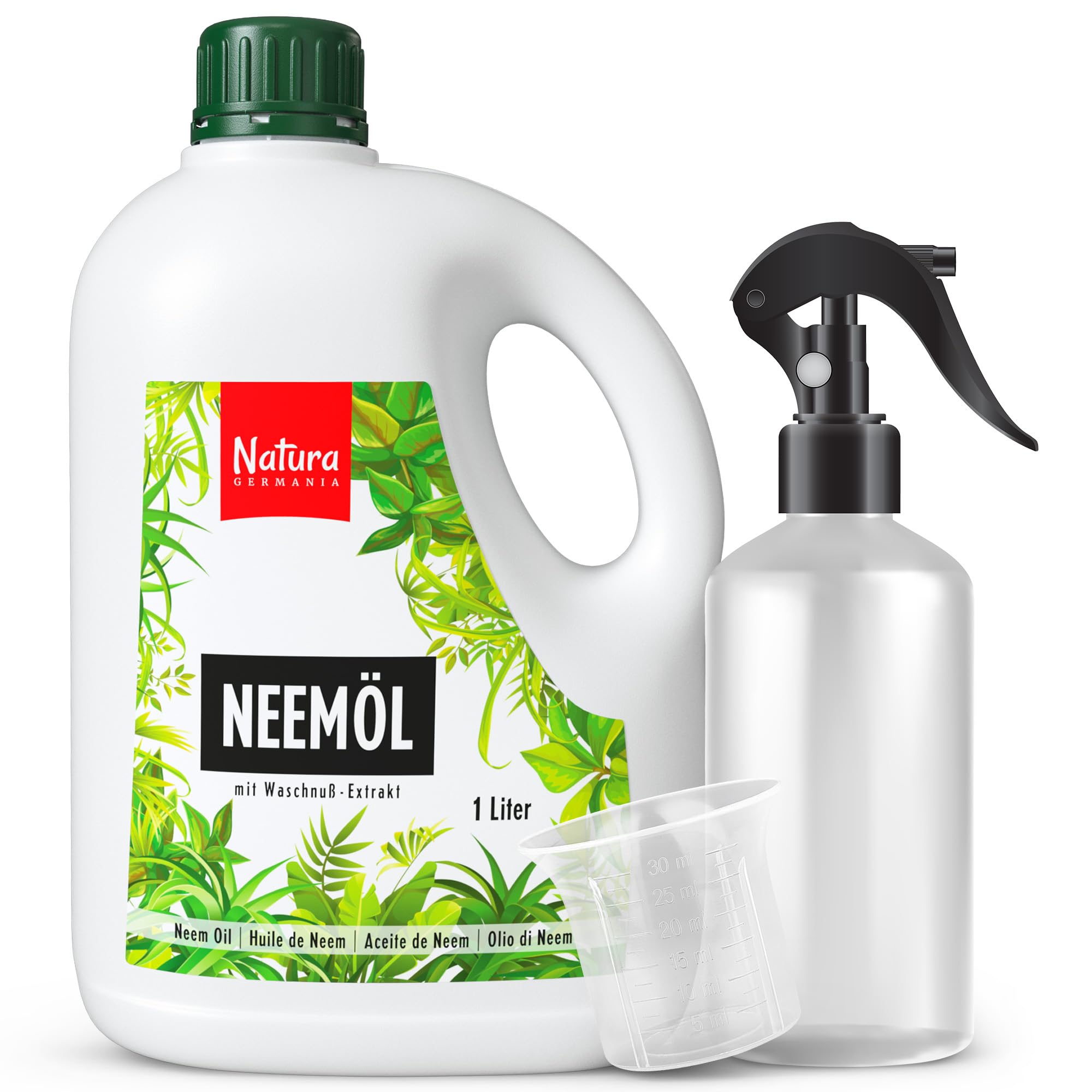 Natura Germania® Neemöl 500ml mit Waschnußextrakt mit Sprühflasche und Messbecher - Ergibt 50 Liter sprühfertige Lösung - Neem Spray zur natürlichen Pflanzenpflege für Zimmerpflanzen/Gartenpflanzen