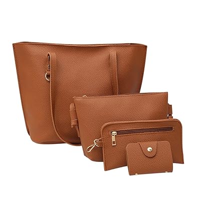 Deloito Mode 4 Stück Damen Litschi-Muster Leder Umhängetasche + Umhängetasche + Handtasche + Geldbörse