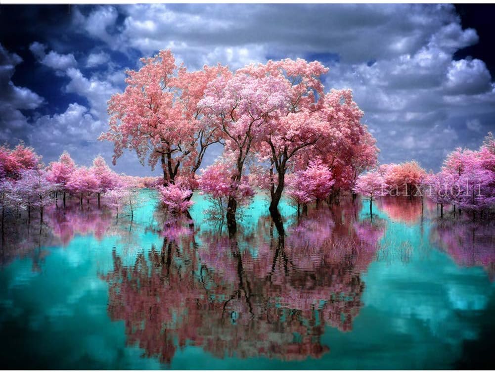 Obert Fieldin DIY 5D Diamond Painting by Number Kit for Adult, Cherry Blossom Reflection Full Drill Diamond Embroidery PaintingKit Home Wall Decor