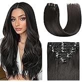 Sunya Clip in Hair Extensions Real Human Hair, Remy Human Hair Extensions Clip ins for Women, Black Hair Extensions Clip ins Straight Double Weft, 16 inch 120g 8Pcs,1B Natural black
