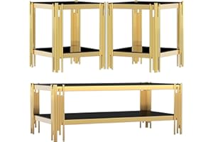 AF ARTISAN FURNITURE Glass Coffee Table Set of 3, Gold 2-Tier Black Tempered Glass Coffee Table and 2 End Table Set Stainless Steel Frame, 3 Piece Living Room Table Set for Apartment Office