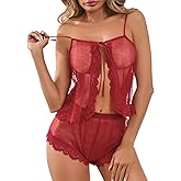 Kolagri Sexy Women Lace Pajamas Lingerie Set High Waist Sheer Sleepwear Bow Ties Cami Shorts Set