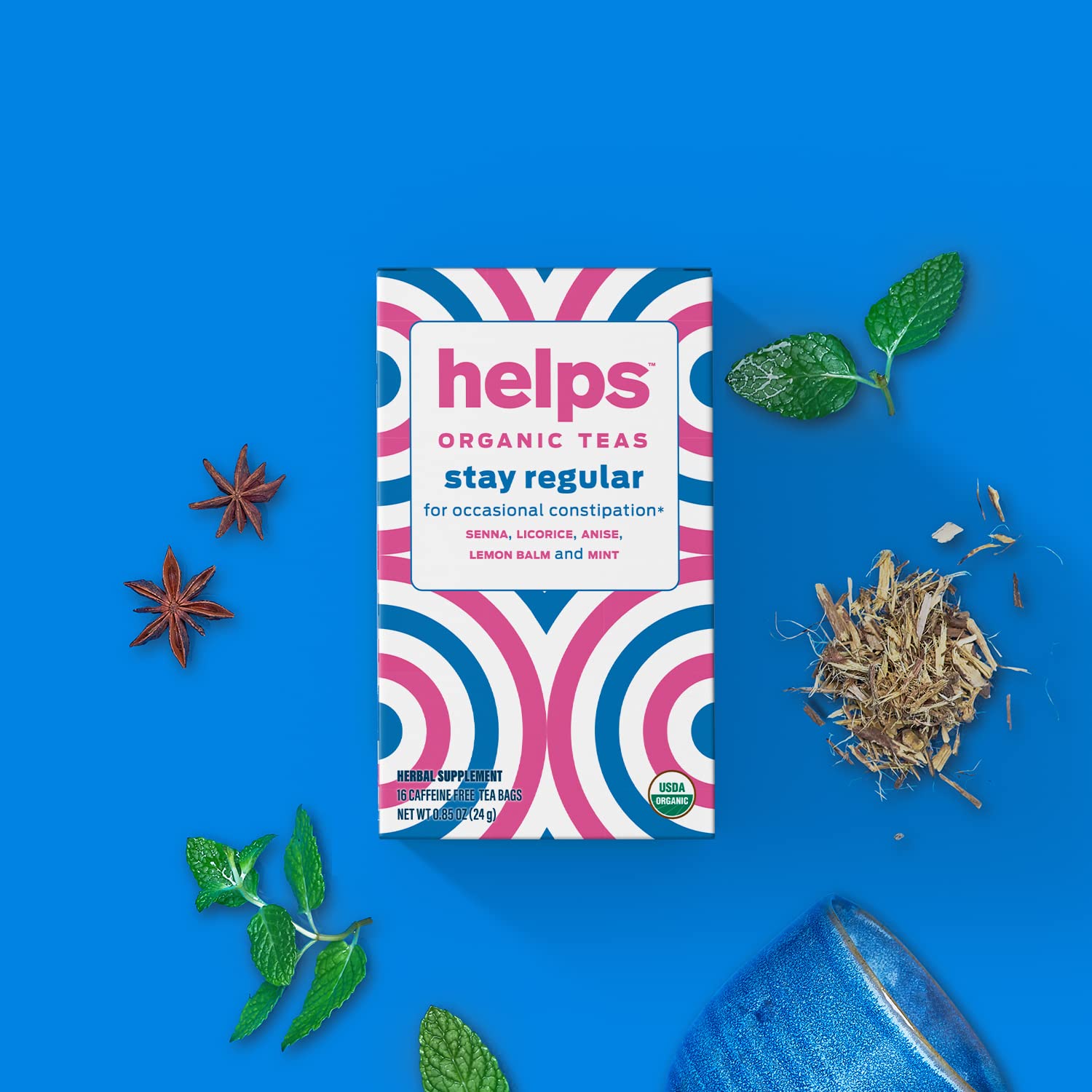 HELPS TEAS | Helps Stay Regular Tea | Organic blend of Senna, licorice, anise, lemon balm and mint that relieves occasional constipation | Laxative and Draining Effect | 16 Tea Bags |