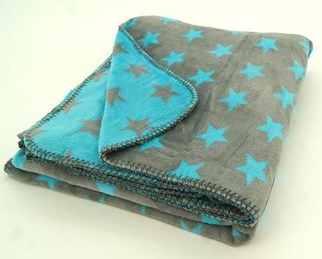 Kuscheldecke XL 150x200 cm Sterne in türkis blau und grau - super weiche Flanell Microfaser Wohndecke fusselfrei Stars Decke 