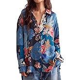 OFSOAK Women Casual Boho Tops Floral Print Blouses Lightweight Long Sleeve and Shell Button Down Shirt Summer Beach Top