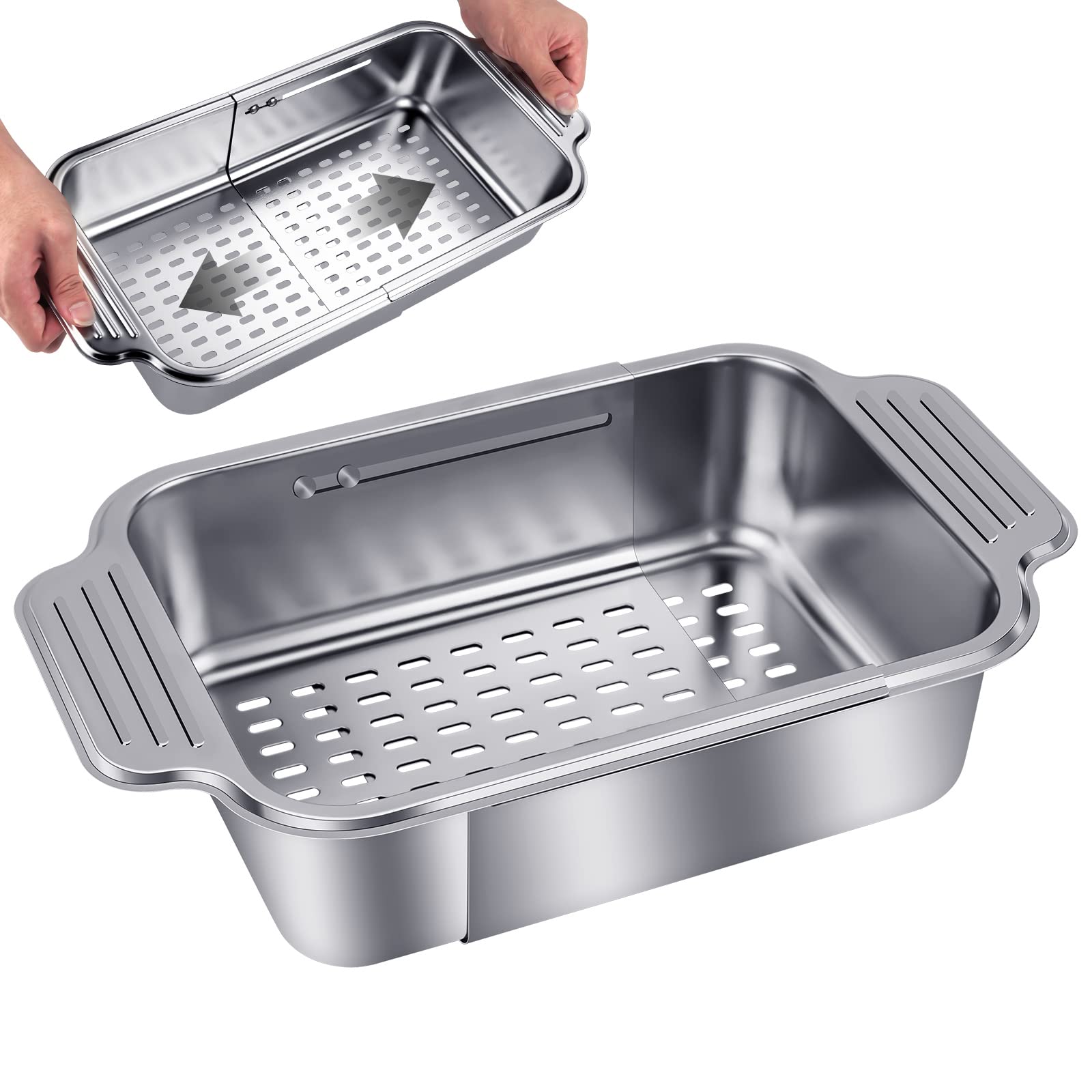 Linkidea Extendable Colander, Over the Sink 304 Stainless Steel Strainer Basket, Wash Vegetables and Fruits, Drain Cooked Pasta and Dry Dishes (8¼" W x 13¾" - 17¼" L x 3½" H)