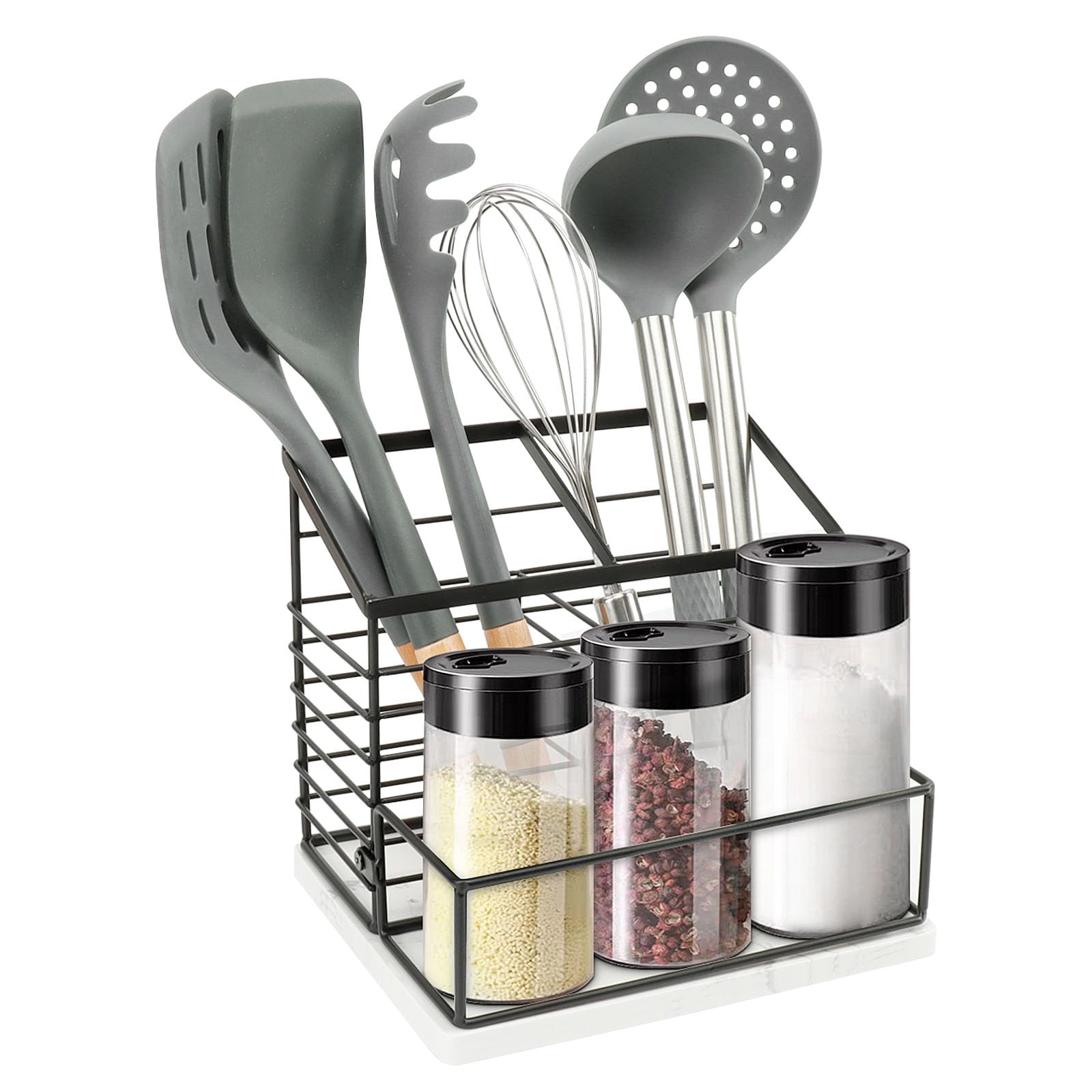 Photo 1 of Jeasor Utensil Holder for Kitchen Counter, Metal Utensil Holder Rack with Salt and Pepper Shakers for Kitchen Countertop, Cooking Tools Storage for Spatula, Large Utensil Organizer with Marble Base