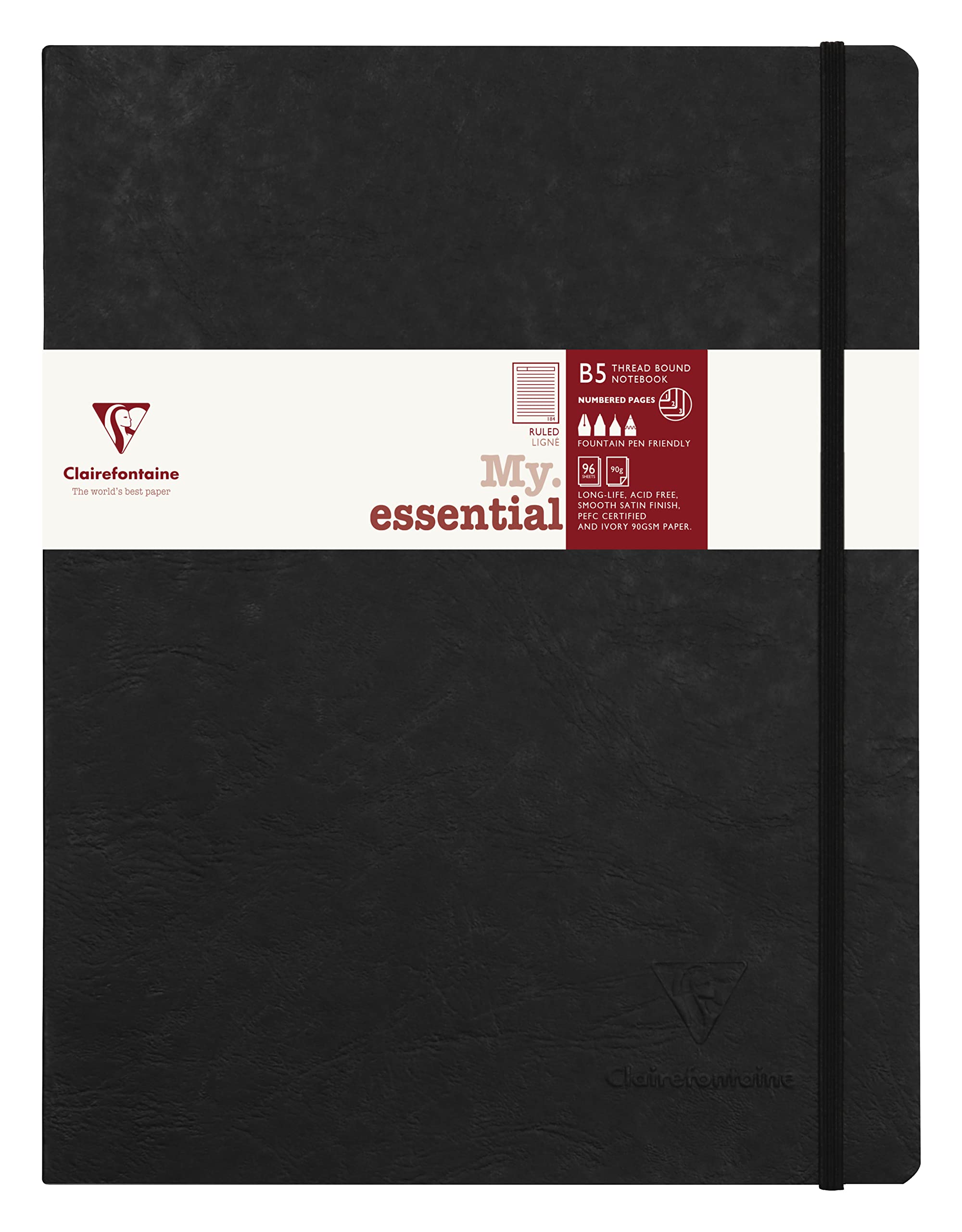 Clairefontaine 794461C Collection Age Bag Stitched MyEssential Notebook Black - B5 19x25cm - 192 Numbered Lined Pages - 90g Ivory Paper - Leather Cover
